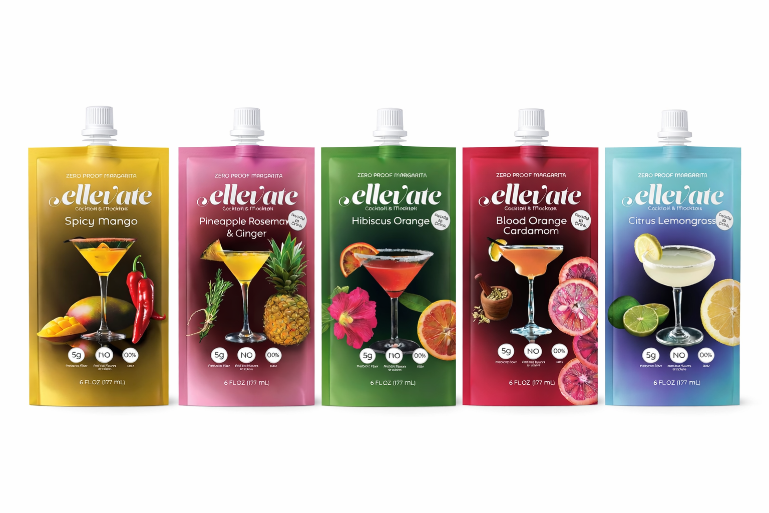 Shop all five flavors of Ellevate's zero-proof prebiotic margaritas. Made with agave inulin for gut health, zero alcohol, and real bold flavor. Find your favorite.